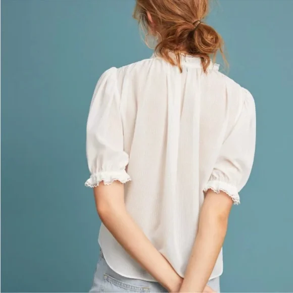 NWOT Current Air Anthropologie Airy Sheer Ruffles Puff Sleeve Blouse medium - Picture 4 of 17